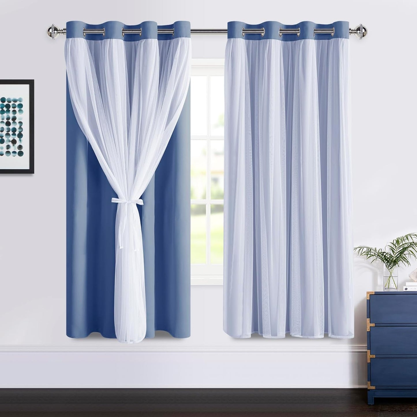 DWCN Blackout and Sheer Curtains with Tiebacks Layered Curtains for Living Room Grommet Top Window Curtain Panels with Sheer Overlay, 52 W by 84 L, Ivory, 2 Pieces