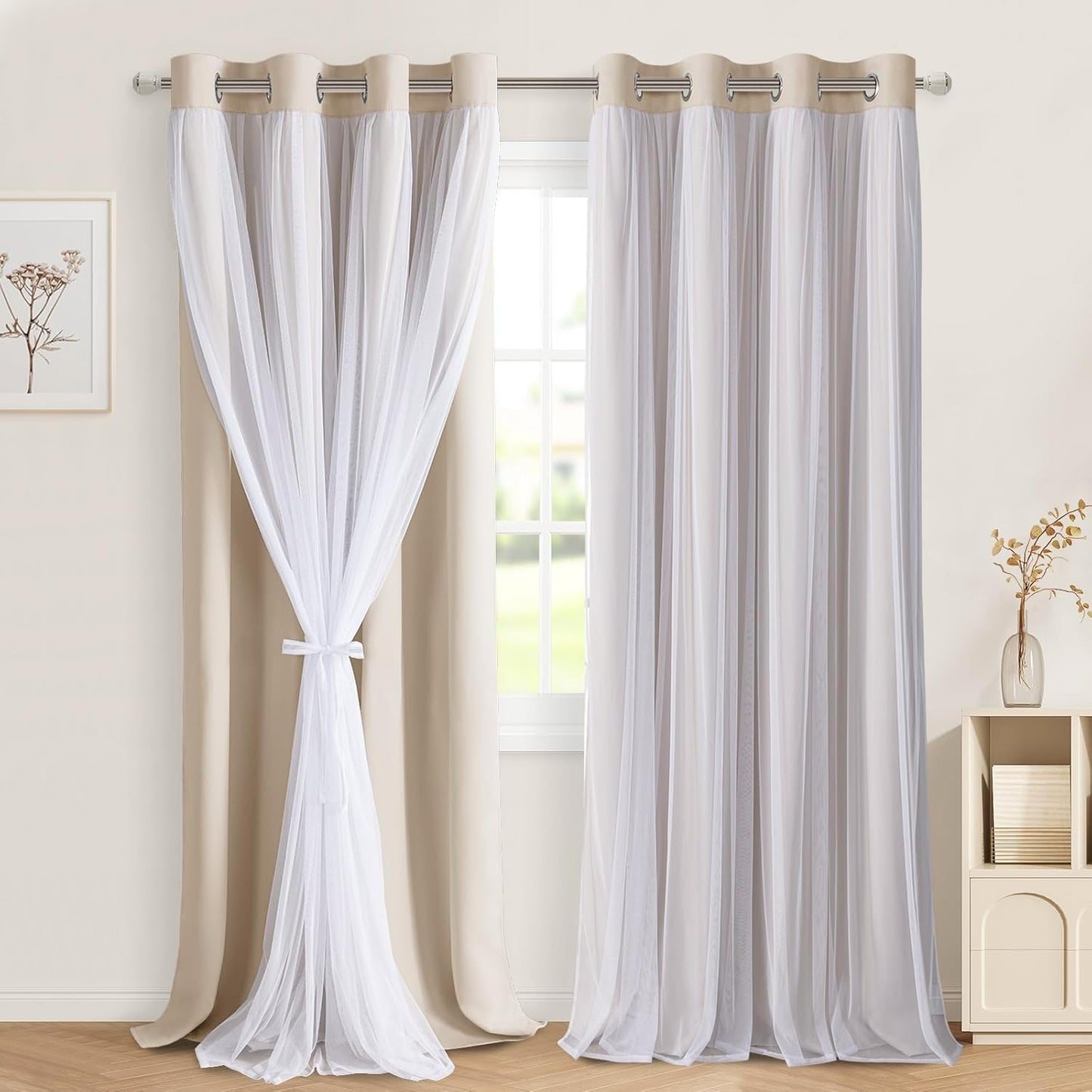 DWCN Blackout and Sheer Curtains with Tiebacks Layered Curtains for Living Room Grommet Top Window Curtain Panels with Sheer Overlay, 52 W by 84 L, Ivory, 2 Pieces