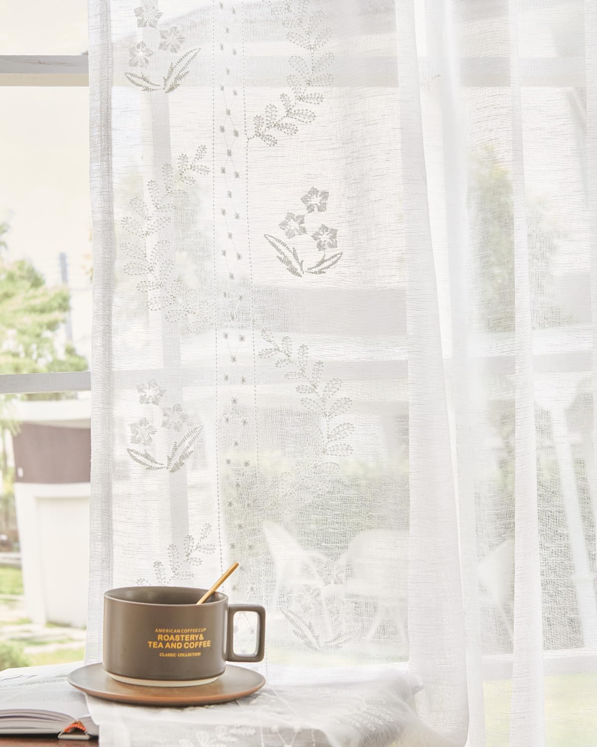 jinchan Belrose Linen Curtains for Bedroom Floral Curtains 84 Inch Length Linen Blend Beige Embroidered Drapes Farmhouse Flower Patterned Drapes for Living Room Window Treatments Set 2 Panels