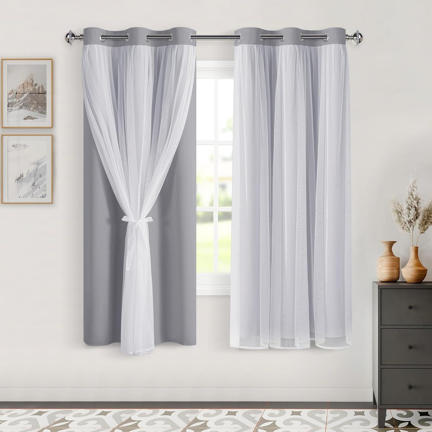 DWCN Blackout and Sheer Curtains with Tiebacks Layered Curtains for Living Room Grommet Top Window Curtain Panels with Sheer Overlay, 52 W by 84 L, Ivory, 2 Pieces
