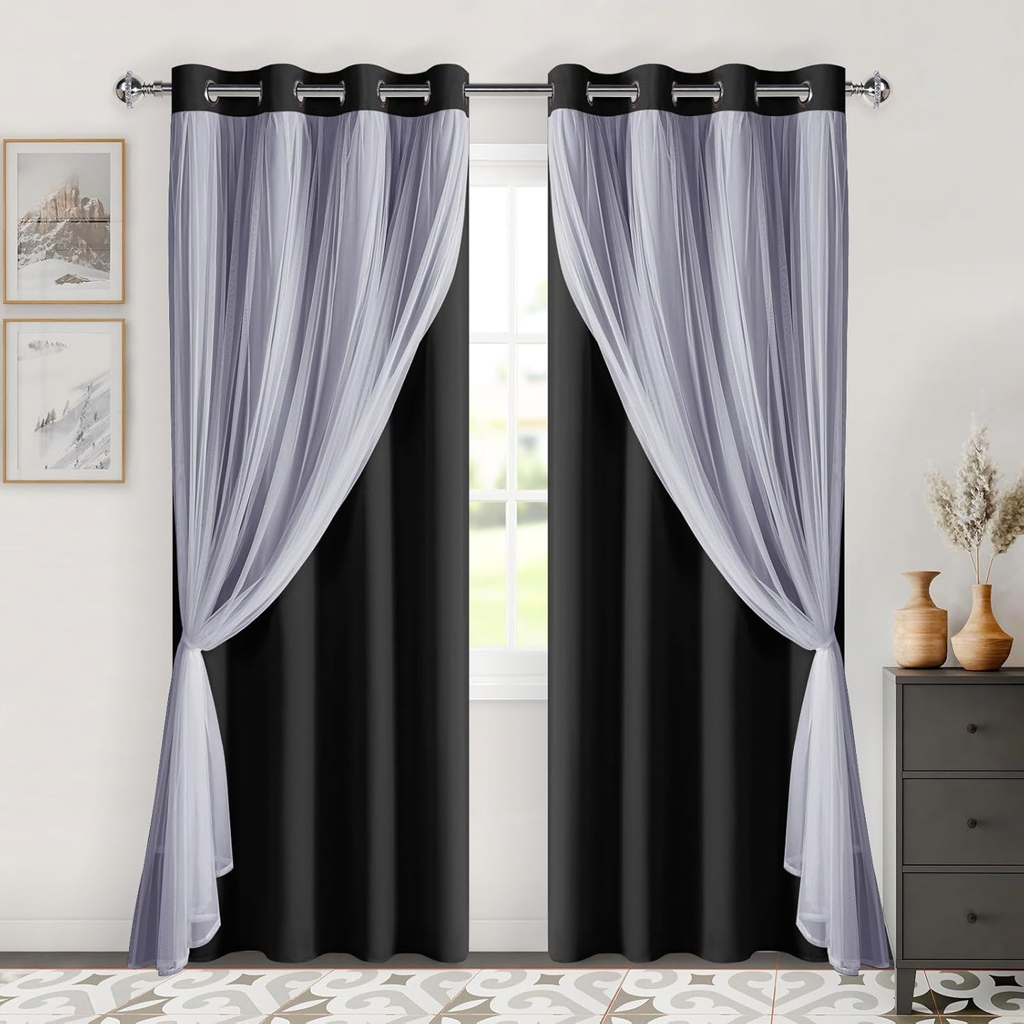 DWCN Blackout and Sheer Curtains with Tiebacks Layered Curtains for Living Room Grommet Top Window Curtain Panels with Sheer Overlay, 52 W by 84 L, Ivory, 2 Pieces