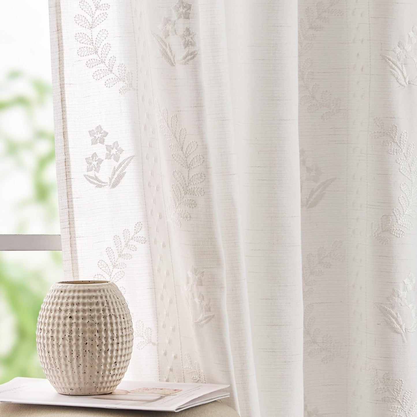 jinchan Belrose Linen Curtains for Bedroom Floral Curtains 84 Inch Length Linen Blend Beige Embroidered Drapes Farmhouse Flower Patterned Drapes for Living Room Window Treatments Set 2 Panels