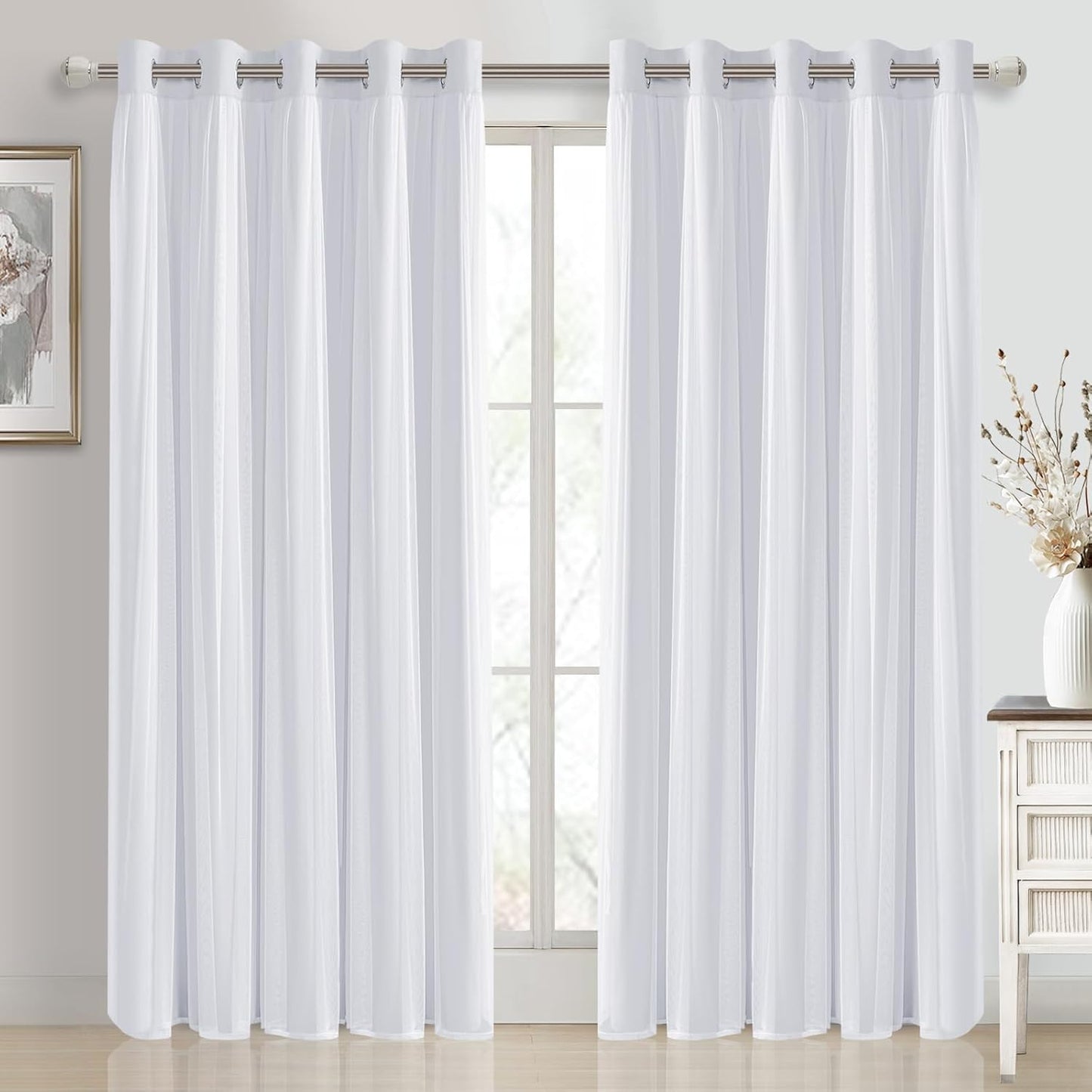 DWCN Blackout and Sheer Curtains with Tiebacks Layered Curtains for Living Room Grommet Top Window Curtain Panels with Sheer Overlay, 52 W by 84 L, Ivory, 2 Pieces