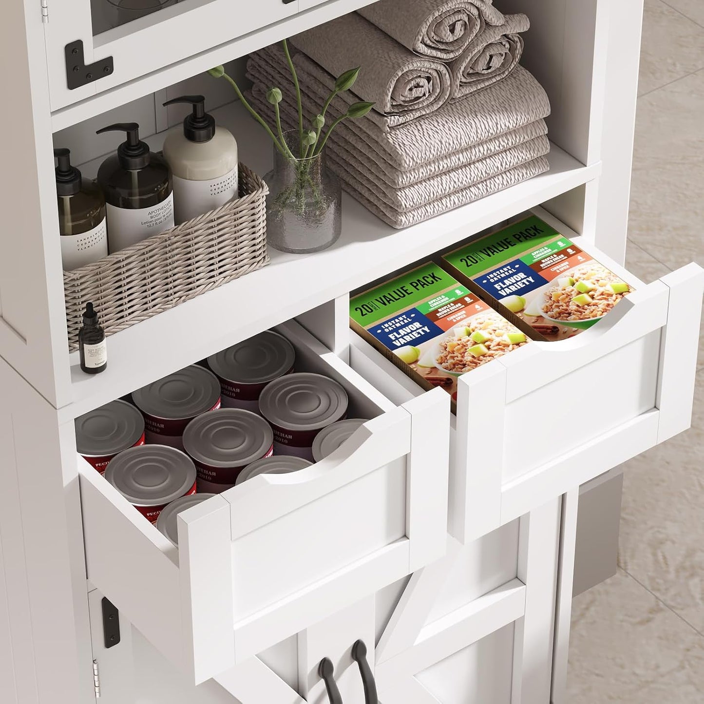 Maupvit 67" Tall Bathroom Storage Cabinet, Freestanding Linen Bathroom Cabinet with Glass Doors, 2 Drawer & Adjustable Shelves for Living Room, Kitchen, Dining Room, White