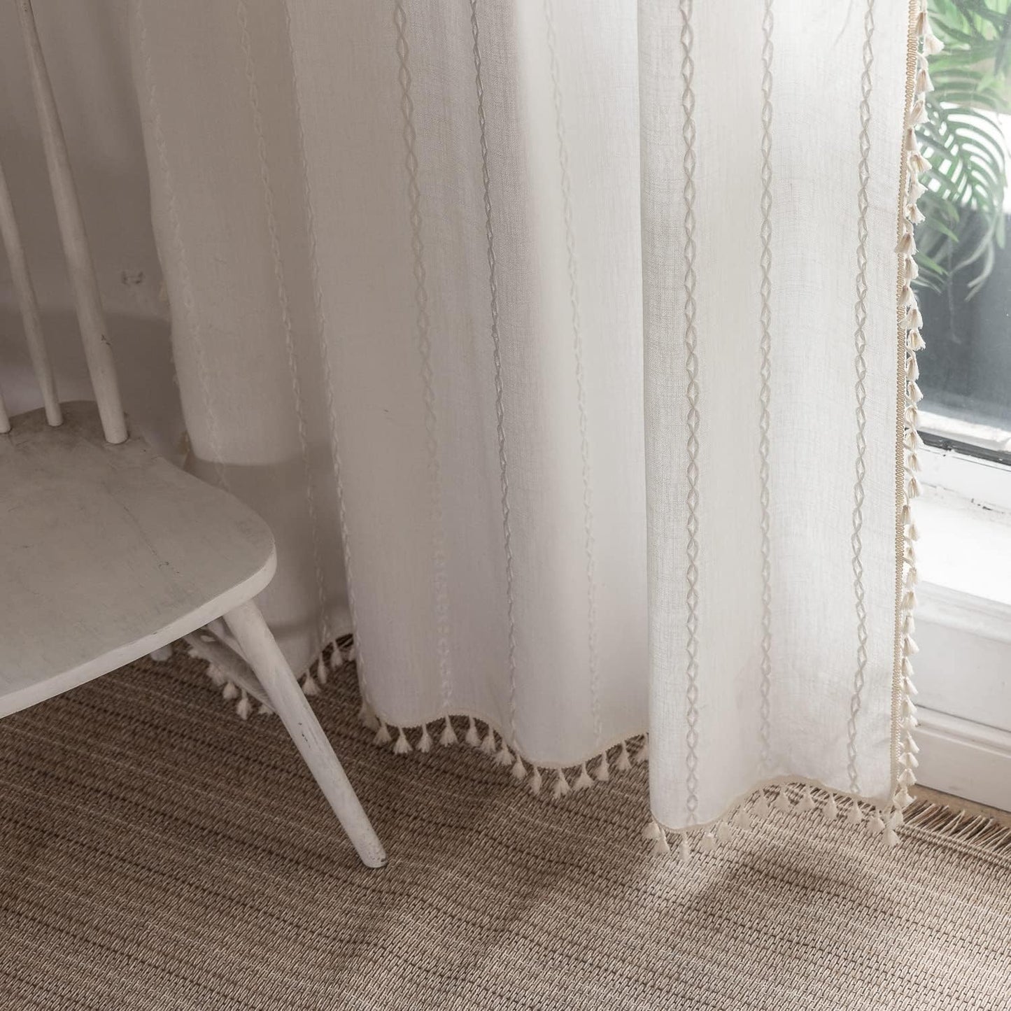Linen Curtains 84 Inches Long - Embroidery Striped Farmhouse for Living Room, Tassel Boho for Bedroom, Light Filtering 2 Panels Set Rod Pocket Drapes (52" W x 84" L, Khaki)