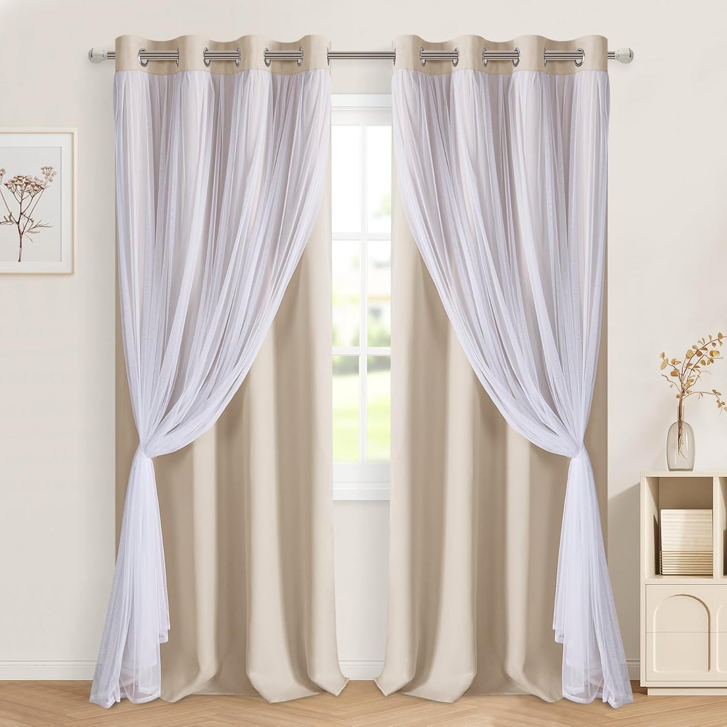 DWCN Blackout and Sheer Curtains with Tiebacks Layered Curtains for Living Room Grommet Top Window Curtain Panels with Sheer Overlay, 52 W by 84 L, Ivory, 2 Pieces