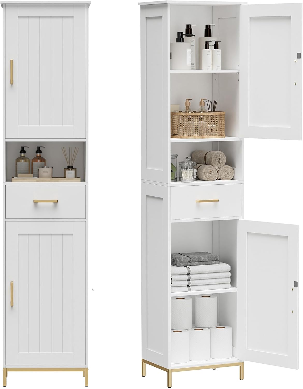 Homhedy 67" H Bathroom Storage Cabinet, Tall Narrow Cabinet with Adjustable Shelves, Freestanding Cabinet with 2 Doors and Drawer, Linen Cabinet for Bathroom, Living Room, Kitchen, Dining Room, Black