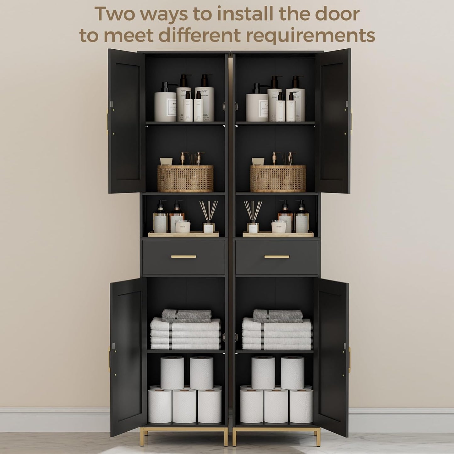 Homhedy 67" H Bathroom Storage Cabinet, Tall Narrow Cabinet with Adjustable Shelves, Freestanding Cabinet with 2 Doors and Drawer, Linen Cabinet for Bathroom, Living Room, Kitchen, Dining Room, Black