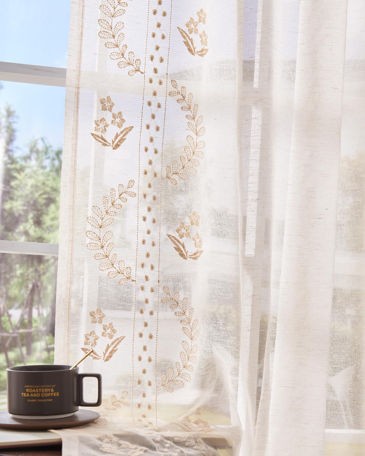 jinchan Belrose Linen Curtains for Bedroom Floral Curtains 84 Inch Length Linen Blend Beige Embroidered Drapes Farmhouse Flower Patterned Drapes for Living Room Window Treatments Set 2 Panels
