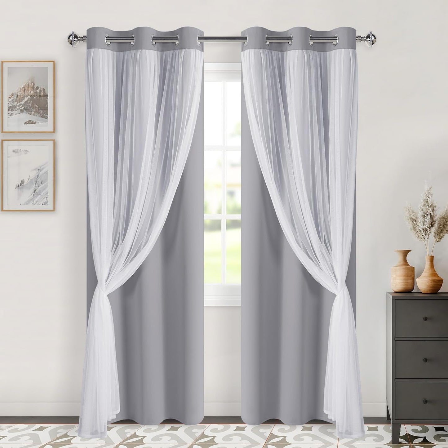 DWCN Blackout and Sheer Curtains with Tiebacks Layered Curtains for Living Room Grommet Top Window Curtain Panels with Sheer Overlay, 52 W by 84 L, Ivory, 2 Pieces