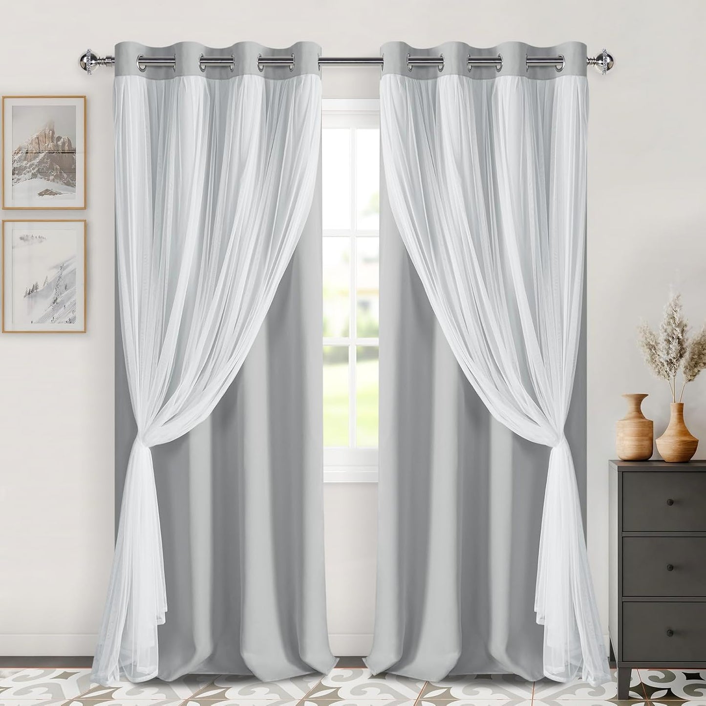 DWCN Blackout and Sheer Curtains with Tiebacks Layered Curtains for Living Room Grommet Top Window Curtain Panels with Sheer Overlay, 52 W by 84 L, Ivory, 2 Pieces