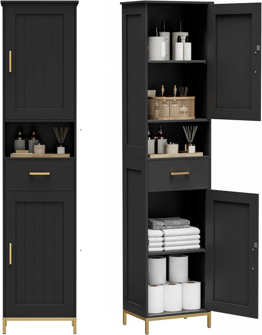 Homhedy 67" H Bathroom Storage Cabinet, Tall Narrow Cabinet with Adjustable Shelves, Freestanding Cabinet with 2 Doors and Drawer, Linen Cabinet for Bathroom, Living Room, Kitchen, Dining Room, Black