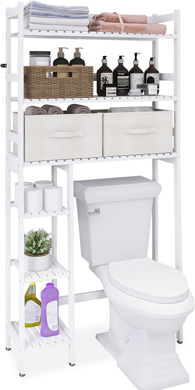SMIBUY Over-The-Toilet Storage Rack, 6-Tier Bamboo Large Bathroom Organizer with Side Shelves and 2 Drawers, Stable Freestanding Space Saver for Bathroom, Laundry Room(Black)