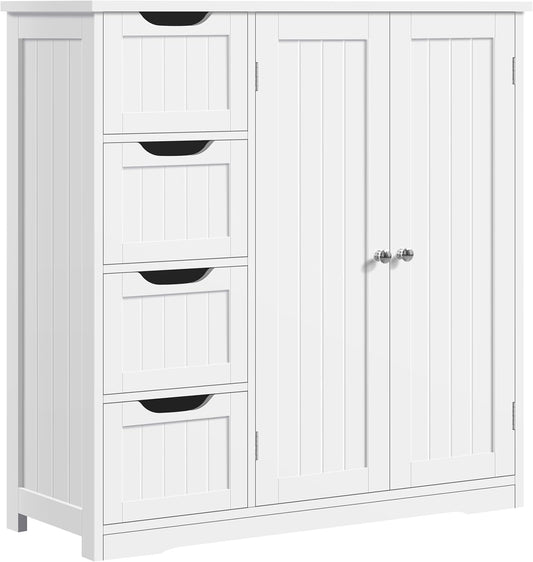 Yaheetech Wooden Bathroom Floor Cabinet, Side Storage Organizer Cabinet with 4 Drawers & Double Doors, Freestanding Entryway Storage Unit Console Table, Bathroom Furniture Home Decor, White