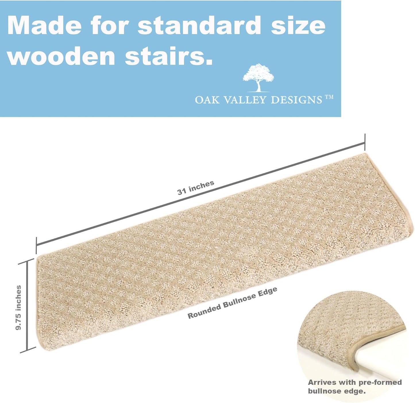 Oak Valley Designs™ Rounded Bullnose Carpet Stair Treads - Anti Slip Indoor Stair Mats for Wooden Stairs, Style: Bayside Charm, Crystal Canyon 27" W X 9.75" D (Set of 14)
