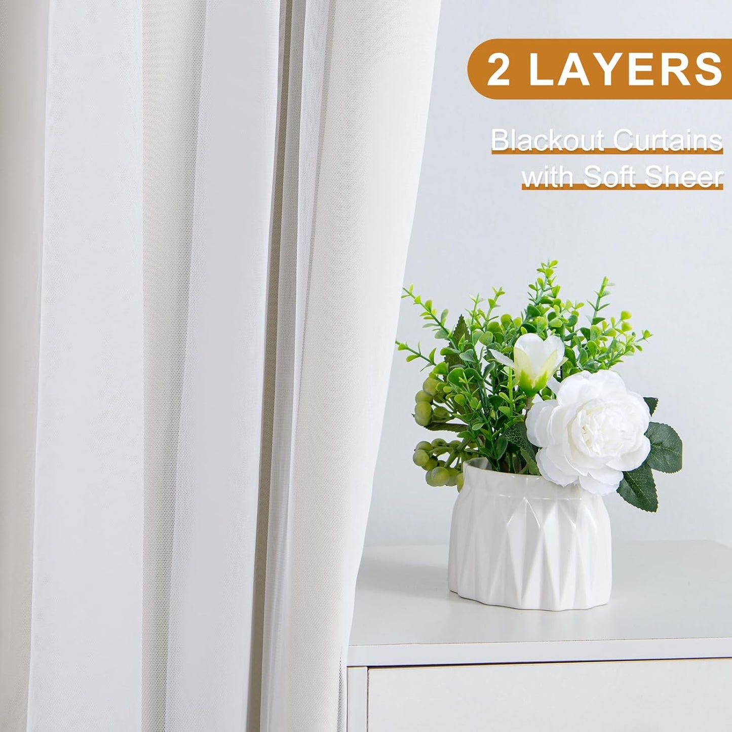 DWCN Blackout and Sheer Curtains with Tiebacks Layered Curtains for Living Room Grommet Top Window Curtain Panels with Sheer Overlay, 52 W by 84 L, Ivory, 2 Pieces