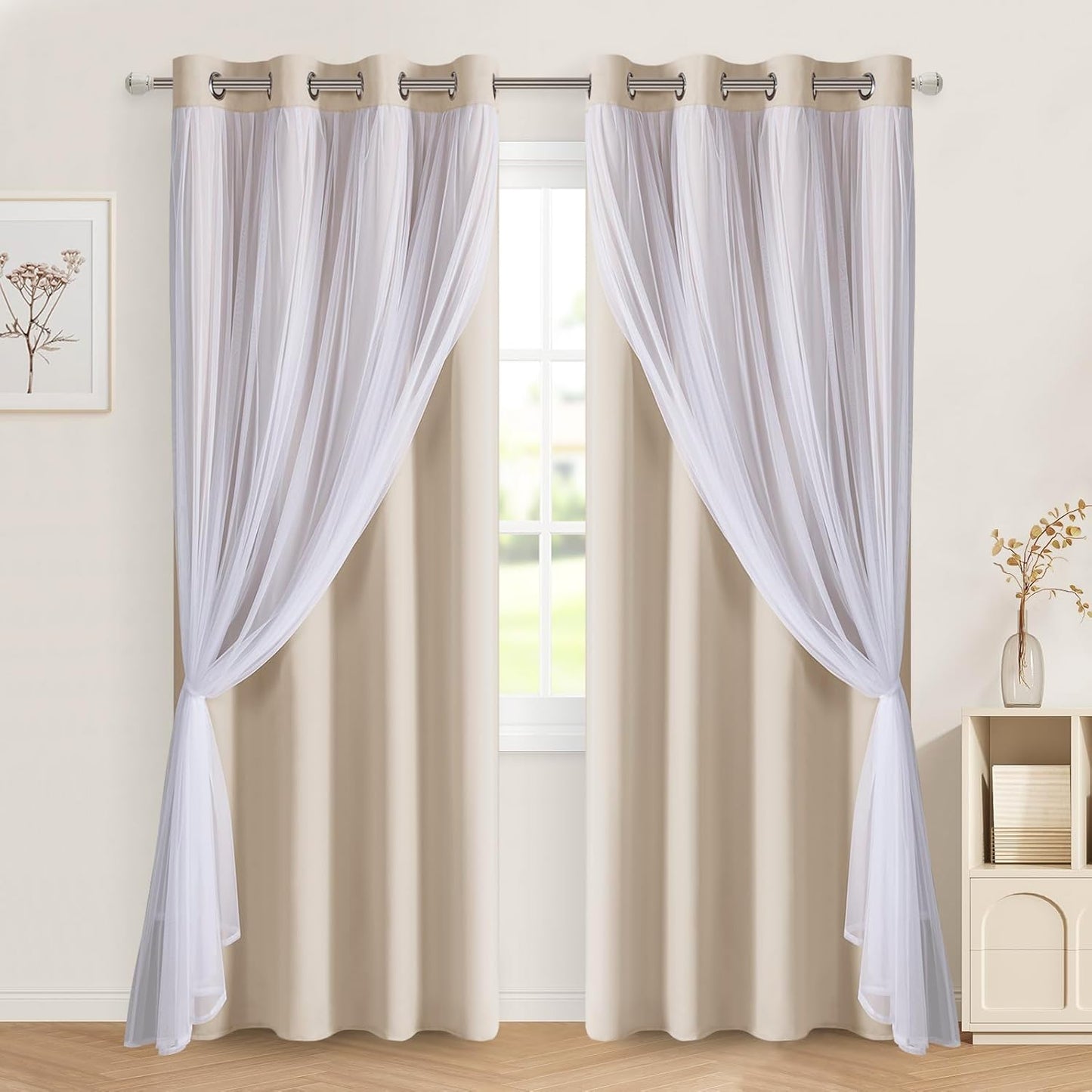 DWCN Blackout and Sheer Curtains with Tiebacks Layered Curtains for Living Room Grommet Top Window Curtain Panels with Sheer Overlay, 52 W by 84 L, Ivory, 2 Pieces
