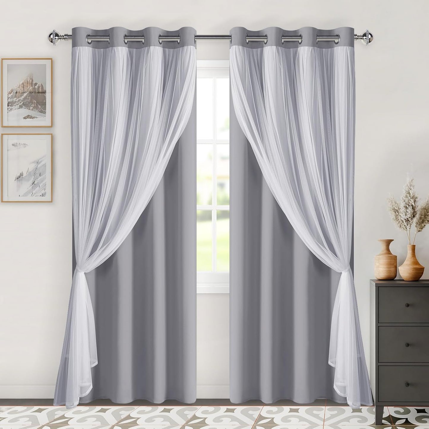 DWCN Blackout and Sheer Curtains with Tiebacks Layered Curtains for Living Room Grommet Top Window Curtain Panels with Sheer Overlay, 52 W by 84 L, Ivory, 2 Pieces