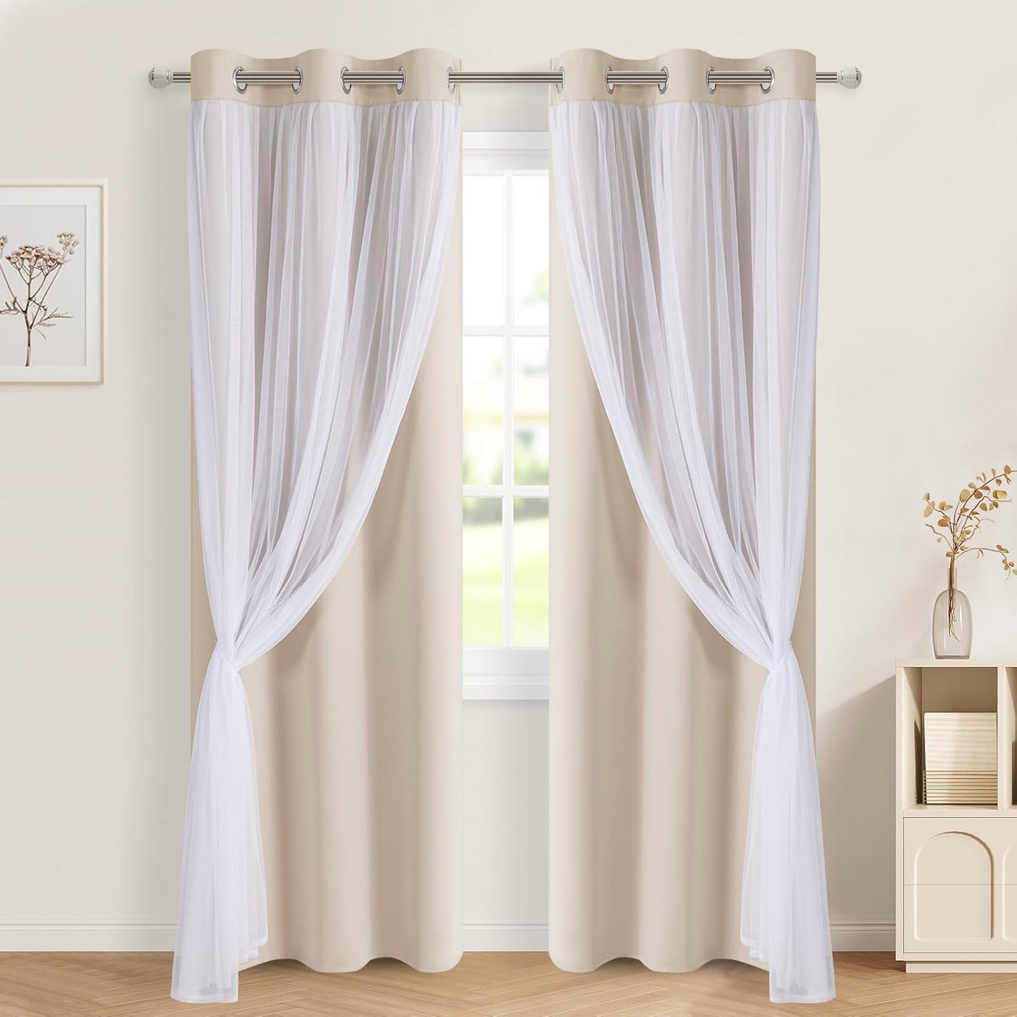 DWCN Blackout and Sheer Curtains with Tiebacks Layered Curtains for Living Room Grommet Top Window Curtain Panels with Sheer Overlay, 52 W by 84 L, Ivory, 2 Pieces