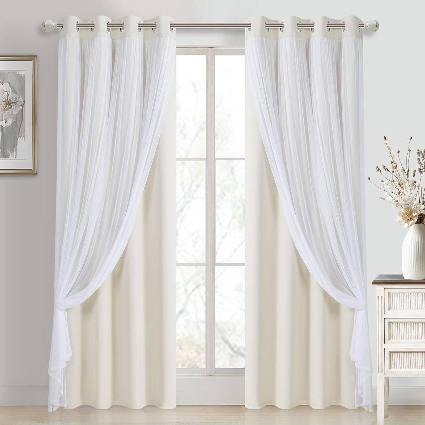 DWCN Blackout and Sheer Curtains with Tiebacks Layered Curtains for Living Room Grommet Top Window Curtain Panels with Sheer Overlay, 52 W by 84 L, Ivory, 2 Pieces