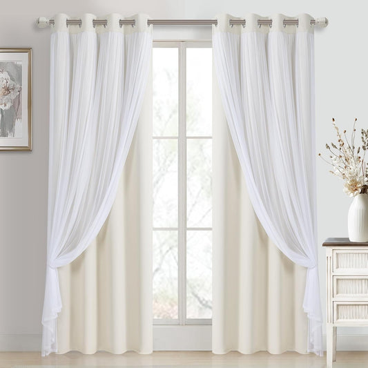 DWCN Blackout and Sheer Curtains with Tiebacks Layered Curtains for Living Room Grommet Top Window Curtain Panels with Sheer Overlay, 52 W by 84 L, Ivory, 2 Pieces