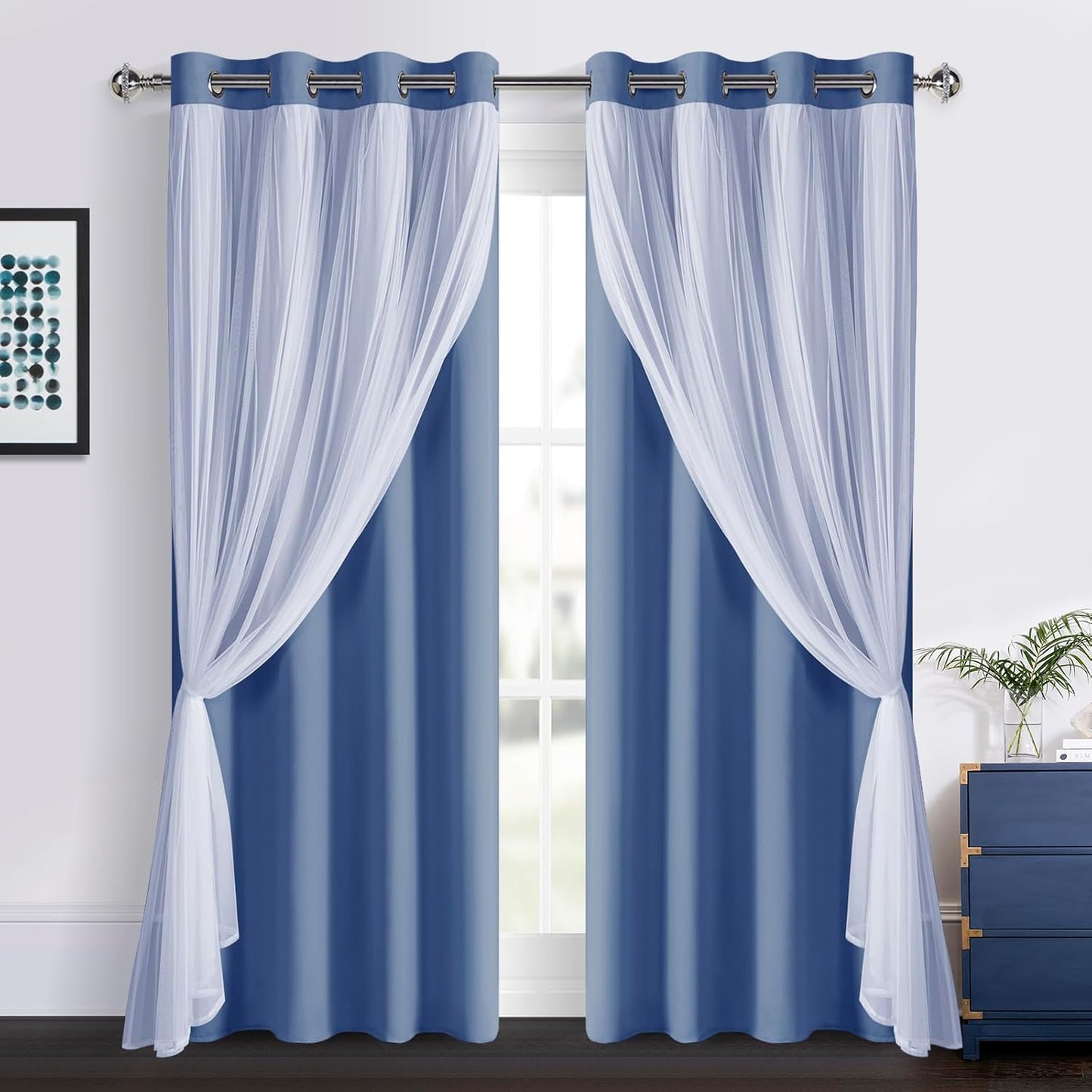 DWCN Blackout and Sheer Curtains with Tiebacks Layered Curtains for Living Room Grommet Top Window Curtain Panels with Sheer Overlay, 52 W by 84 L, Ivory, 2 Pieces