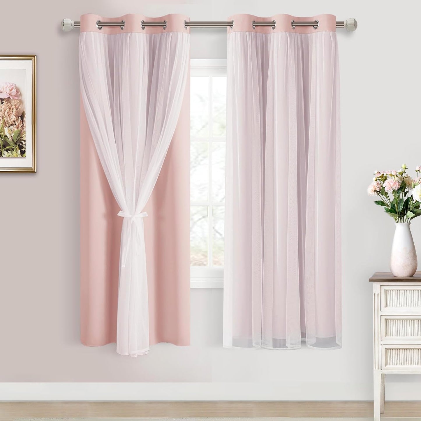 DWCN Blackout and Sheer Curtains with Tiebacks Layered Curtains for Living Room Grommet Top Window Curtain Panels with Sheer Overlay, 52 W by 84 L, Ivory, 2 Pieces
