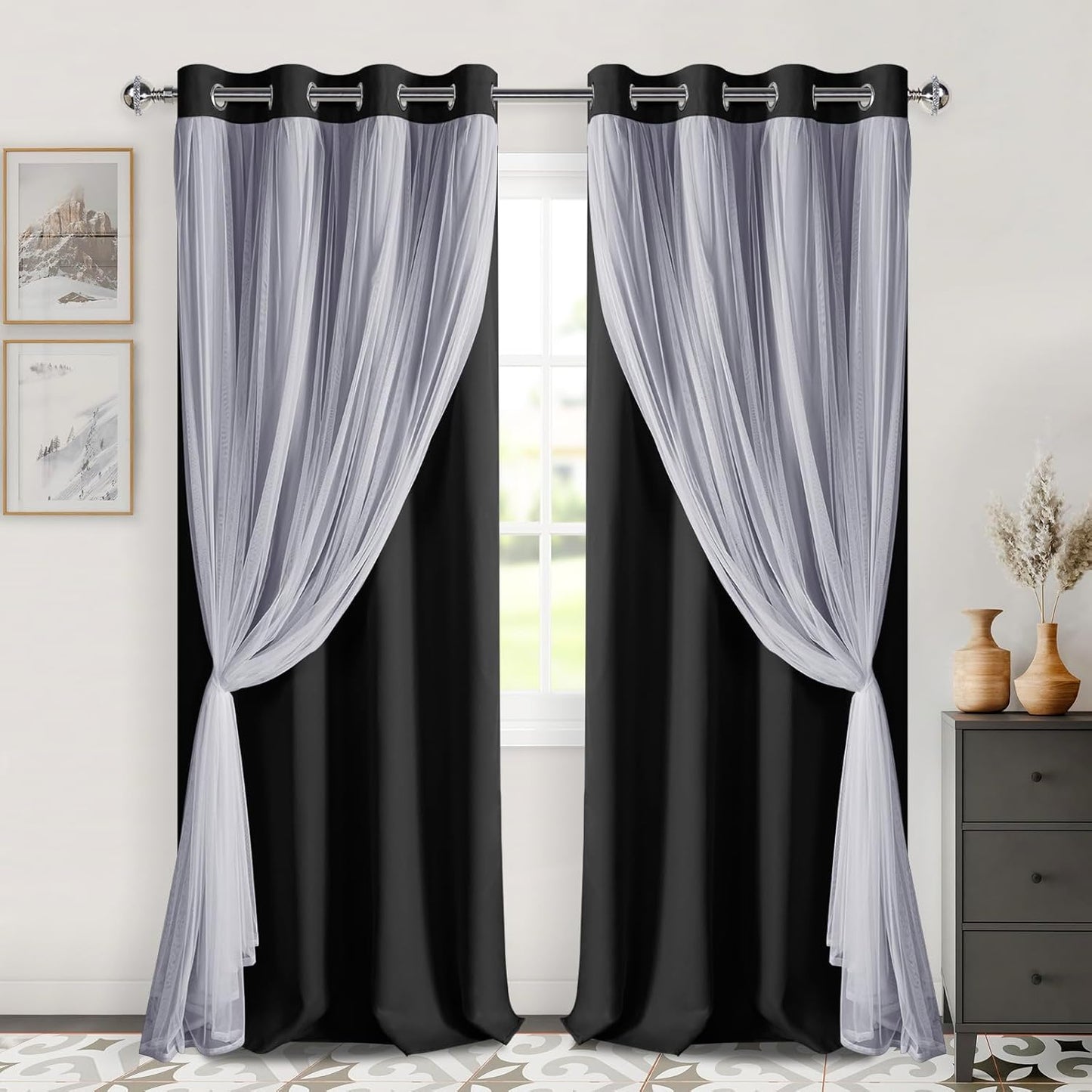 DWCN Blackout and Sheer Curtains with Tiebacks Layered Curtains for Living Room Grommet Top Window Curtain Panels with Sheer Overlay, 52 W by 84 L, Ivory, 2 Pieces