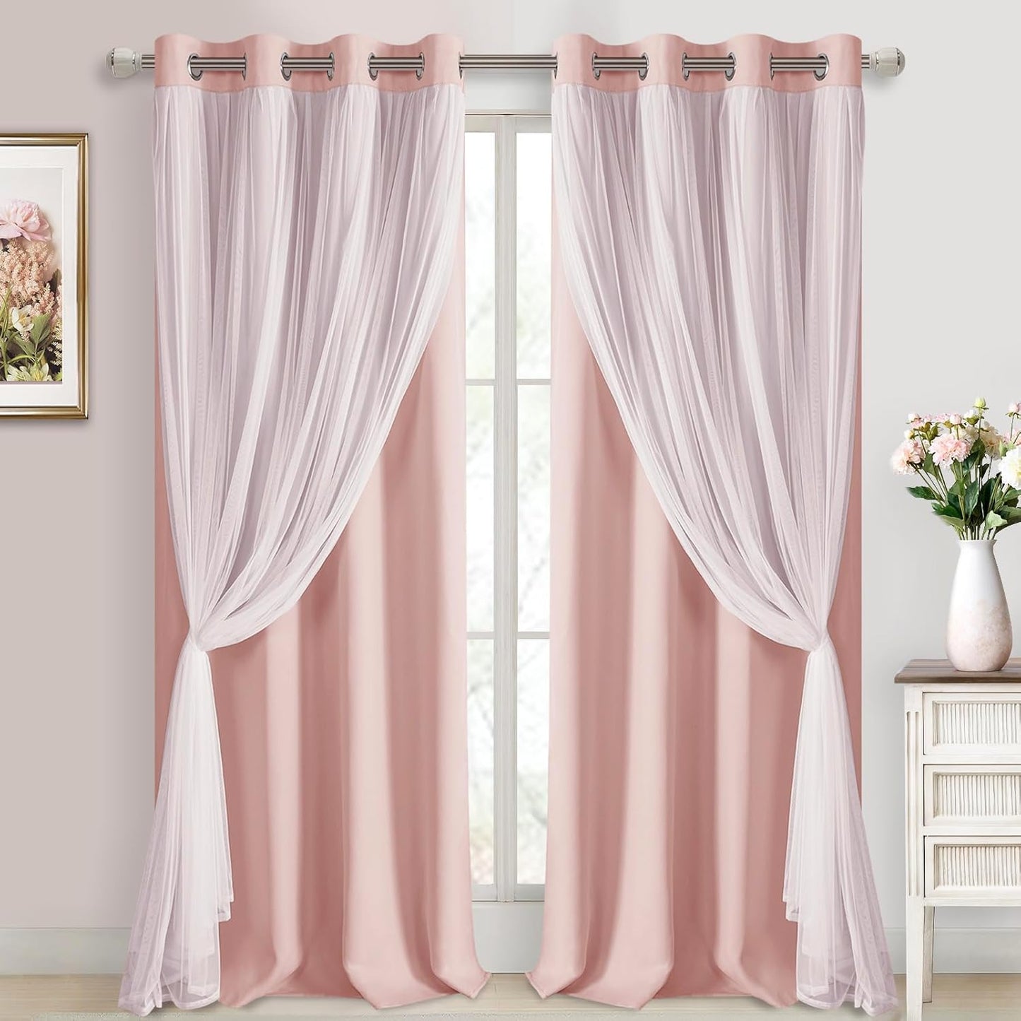 DWCN Blackout and Sheer Curtains with Tiebacks Layered Curtains for Living Room Grommet Top Window Curtain Panels with Sheer Overlay, 52 W by 84 L, Ivory, 2 Pieces
