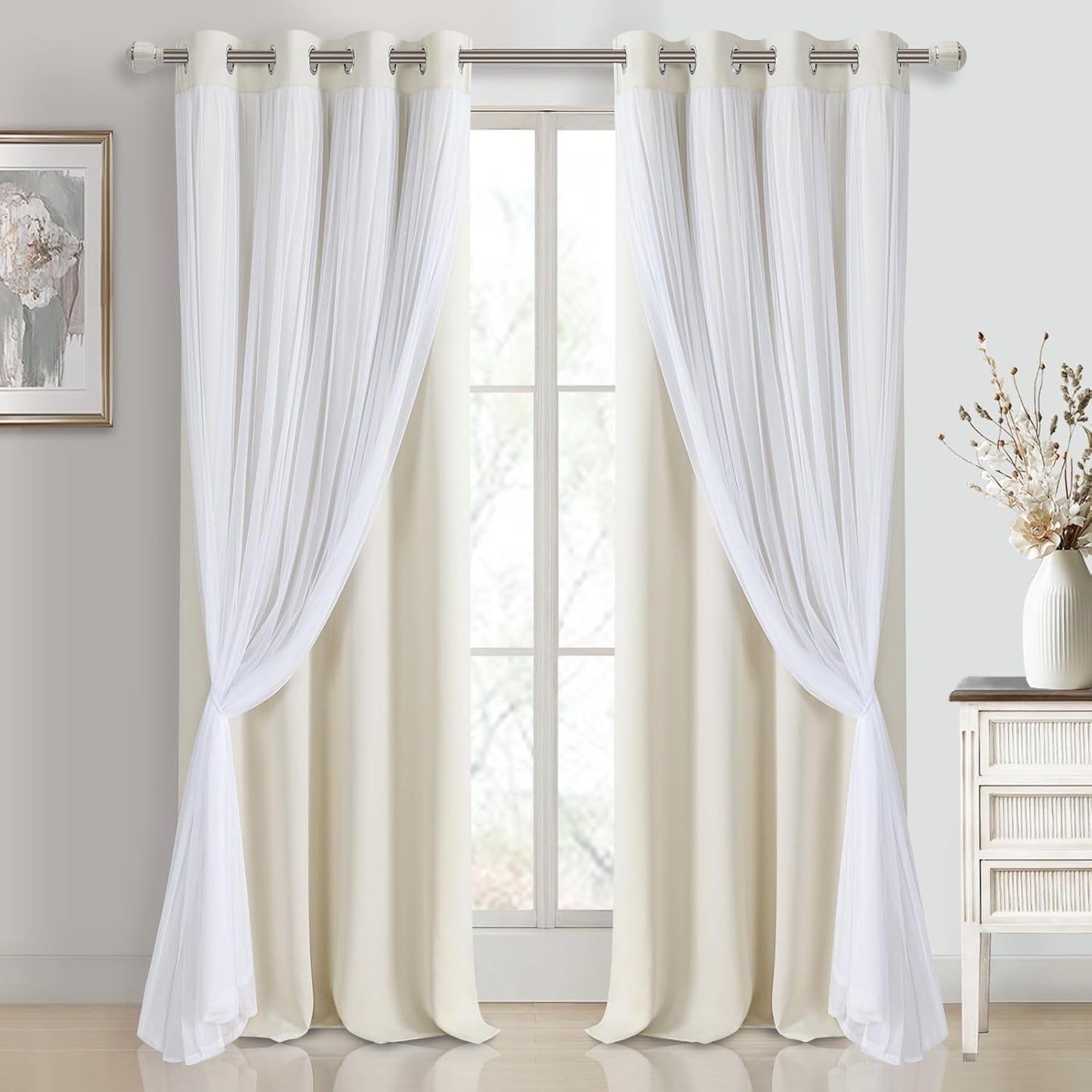 DWCN Blackout and Sheer Curtains with Tiebacks Layered Curtains for Living Room Grommet Top Window Curtain Panels with Sheer Overlay, 52 W by 84 L, Ivory, 2 Pieces