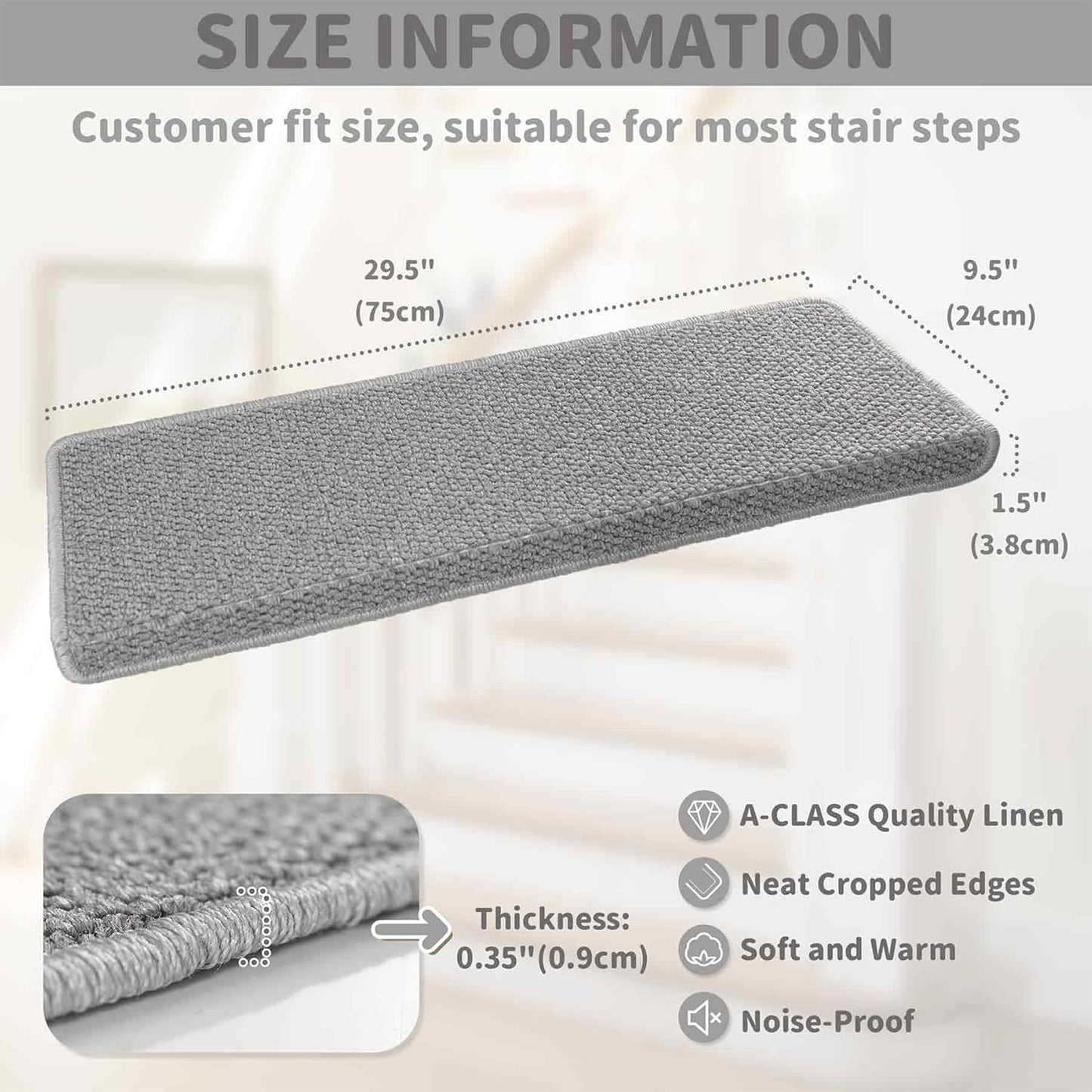 Bullnose Carpet Stair Treads, Non Slip Stair Treads for Wooden Steps Indoor, Stair Runner, Soft Stair Rugs, Edging Stair Protectors, Washable, 29.5"x9.5"x1.5" 14pcs, Grey