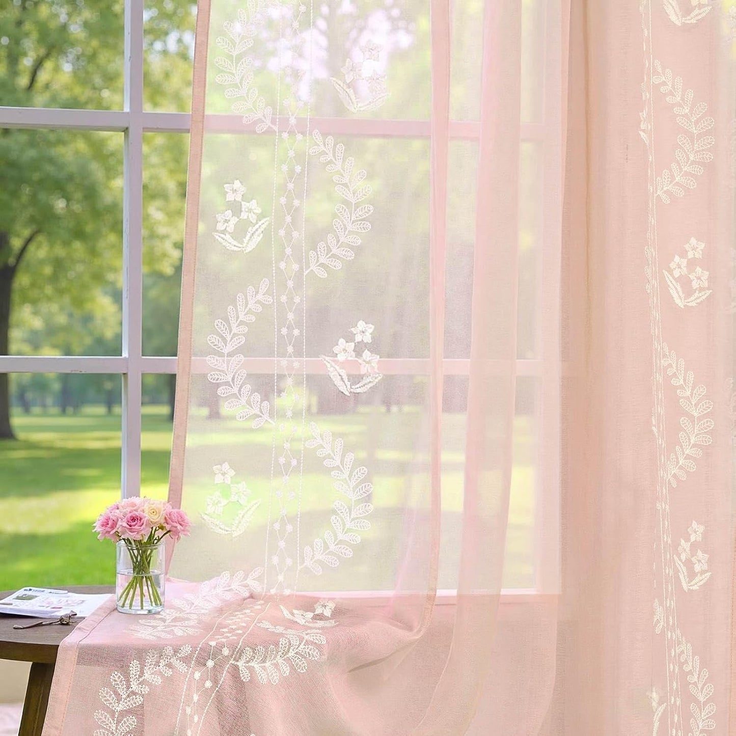 jinchan Belrose Linen Curtains for Bedroom Floral Curtains 84 Inch Length Linen Blend Beige Embroidered Drapes Farmhouse Flower Patterned Drapes for Living Room Window Treatments Set 2 Panels