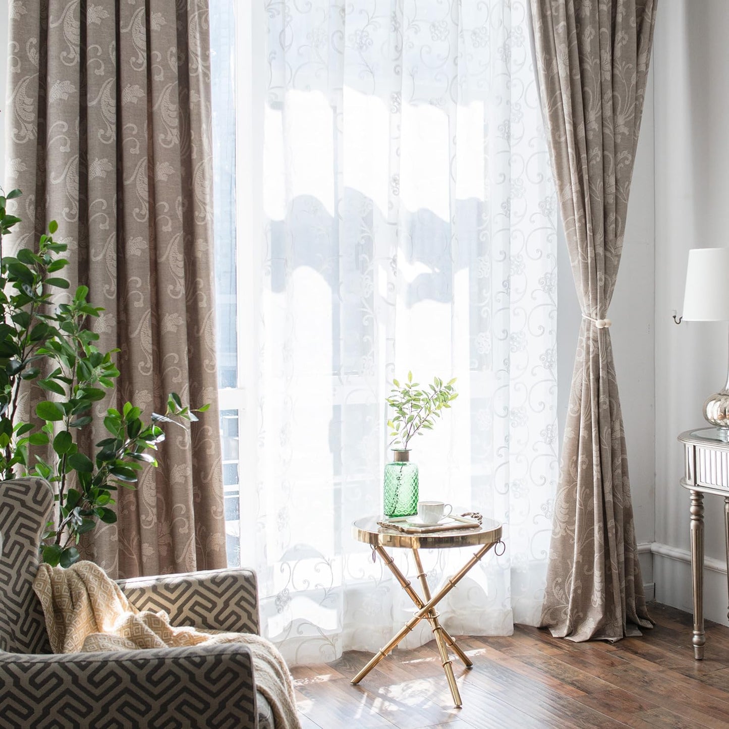 VOGOL Light Brown Leaves Printed Curtains & Drapes, 2 Panels Light Filtering Privacy Curtains for Bedroom Living Room, 52 x 84 Inches Linen Textured Window Treatment, Grommet Top