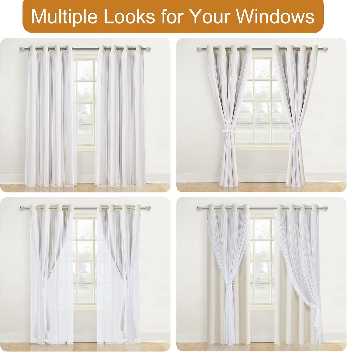 DWCN Blackout and Sheer Curtains with Tiebacks Layered Curtains for Living Room Grommet Top Window Curtain Panels with Sheer Overlay, 52 W by 84 L, Ivory, 2 Pieces