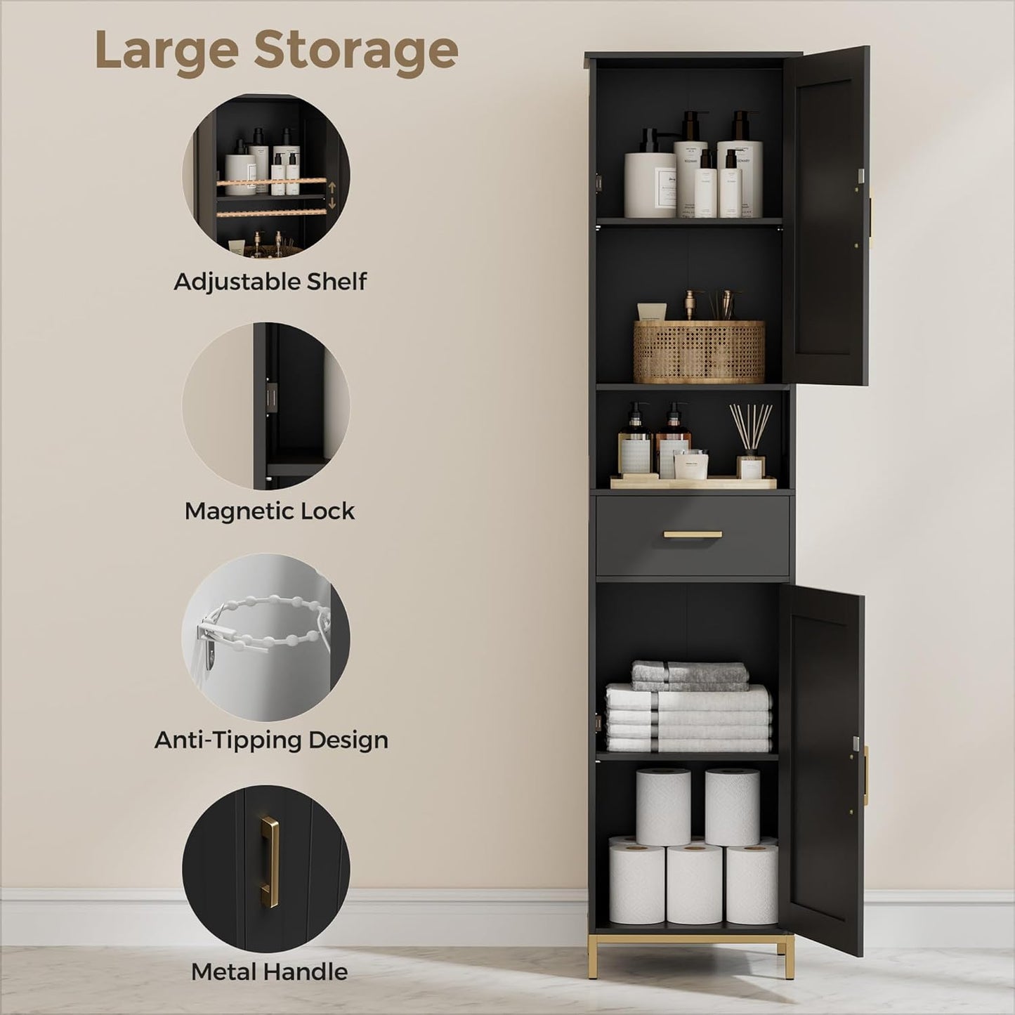 Homhedy 67" H Bathroom Storage Cabinet, Tall Narrow Cabinet with Adjustable Shelves, Freestanding Cabinet with 2 Doors and Drawer, Linen Cabinet for Bathroom, Living Room, Kitchen, Dining Room, Black