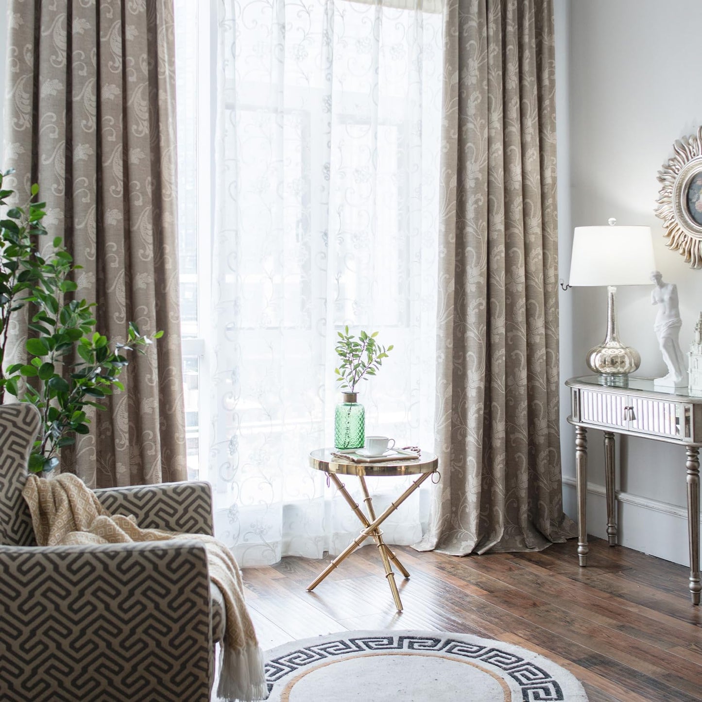 VOGOL Light Brown Leaves Printed Curtains & Drapes, 2 Panels Light Filtering Privacy Curtains for Bedroom Living Room, 52 x 84 Inches Linen Textured Window Treatment, Grommet Top