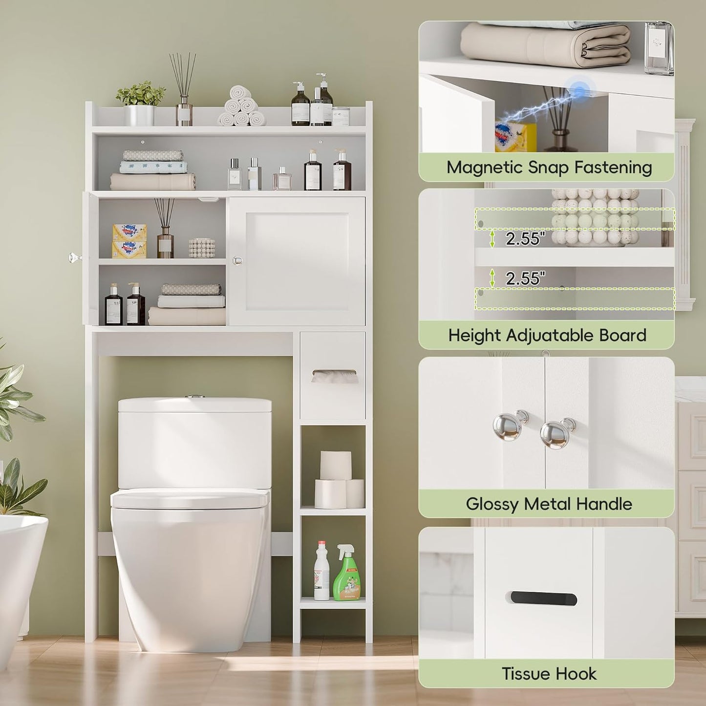 MU Over The Toilet Storage Cabinet with Doors, 32" Bathroom Storage Organizer with Side Shelves, Space-Saving Toilet Storage Rack for Bathroom, Laundry (White)