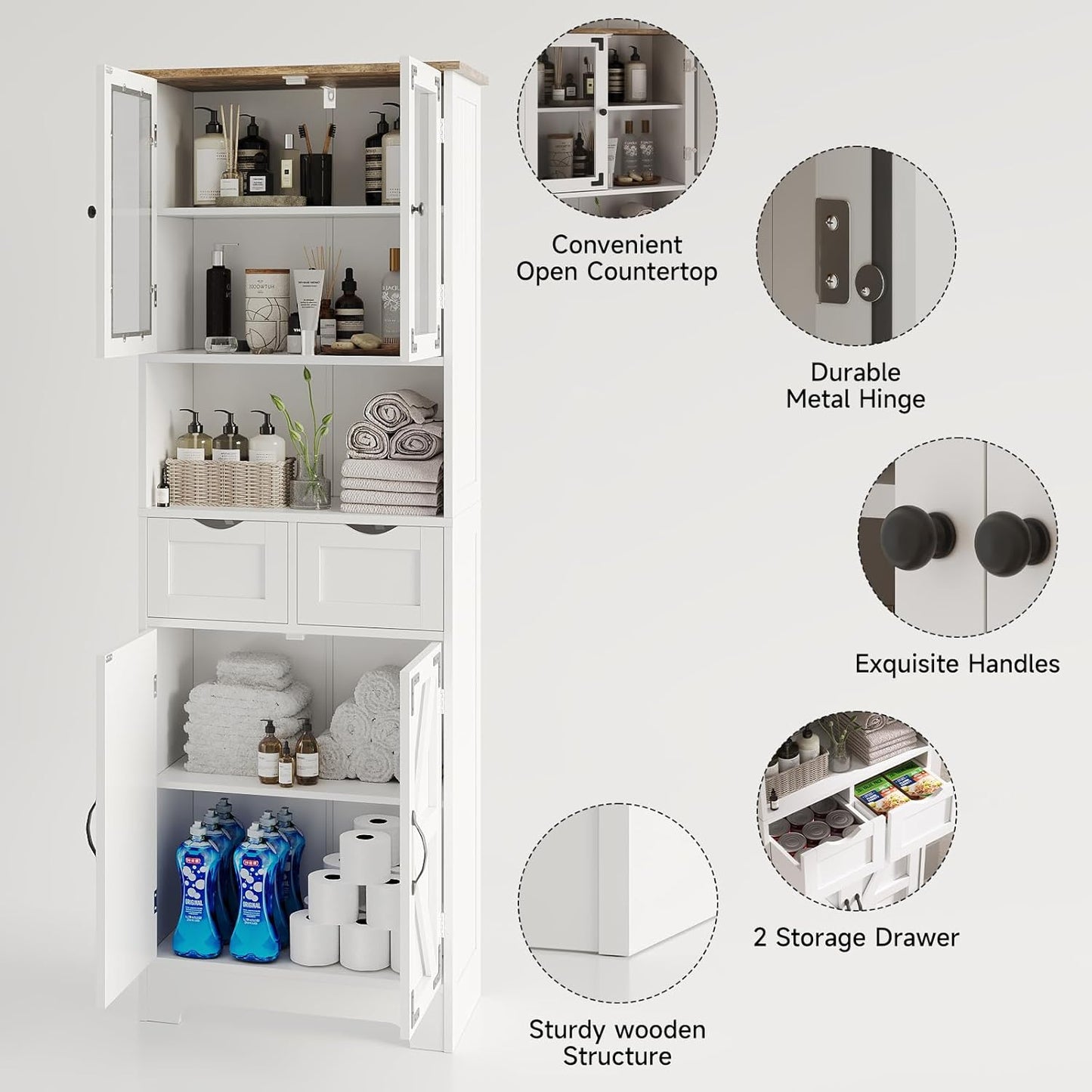 Maupvit 67" Tall Bathroom Storage Cabinet, Freestanding Linen Bathroom Cabinet with Glass Doors, 2 Drawer & Adjustable Shelves for Living Room, Kitchen, Dining Room, White