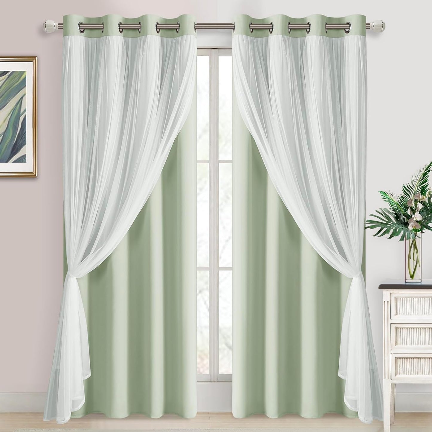 DWCN Blackout and Sheer Curtains with Tiebacks Layered Curtains for Living Room Grommet Top Window Curtain Panels with Sheer Overlay, 52 W by 84 L, Ivory, 2 Pieces