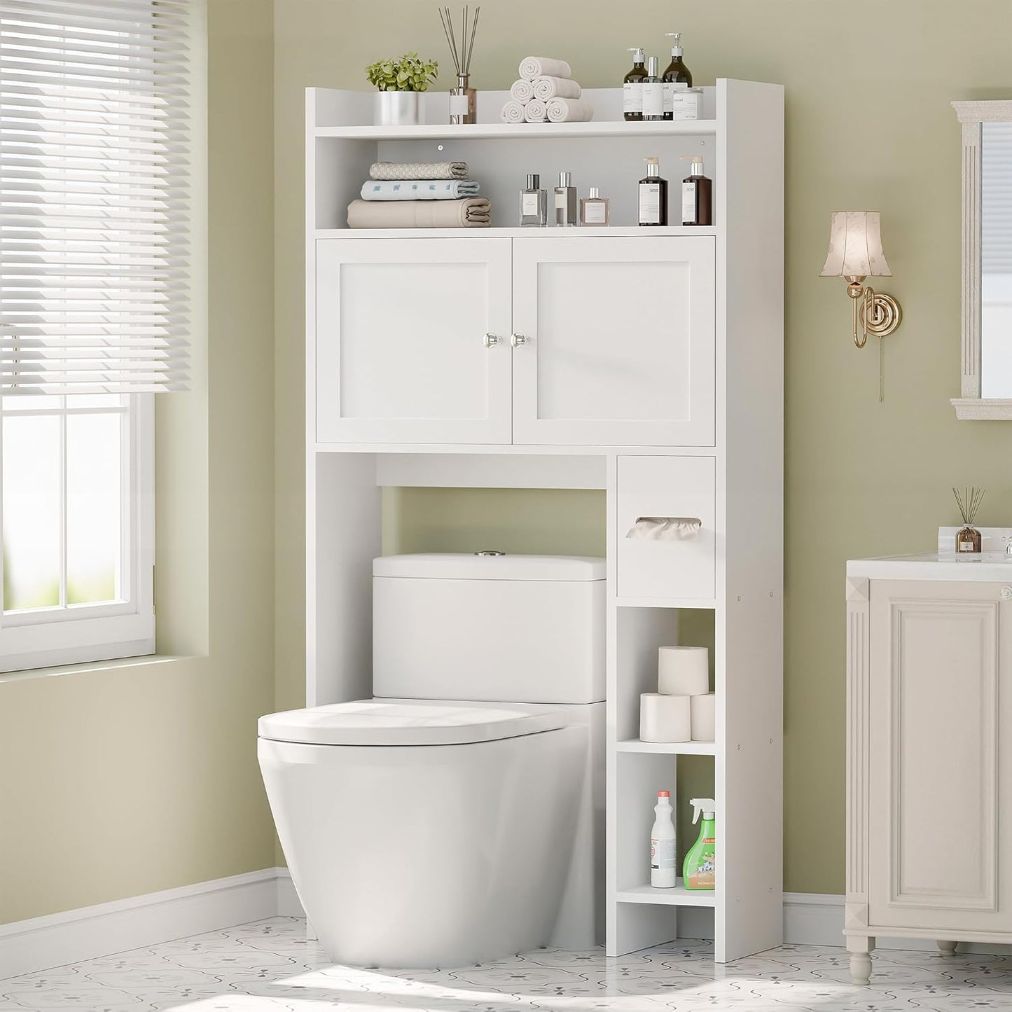 MU Over The Toilet Storage Cabinet with Doors, 32" Bathroom Storage Organizer with Side Shelves, Space-Saving Toilet Storage Rack for Bathroom, Laundry (White)
