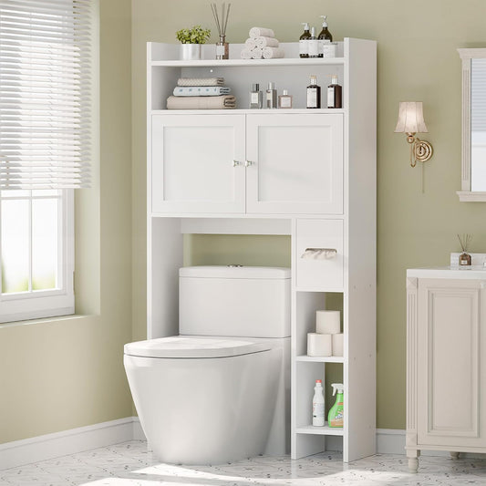 MU Over The Toilet Storage Cabinet with Doors, 32" Bathroom Storage Organizer with Side Shelves, Space-Saving Toilet Storage Rack for Bathroom, Laundry (White)