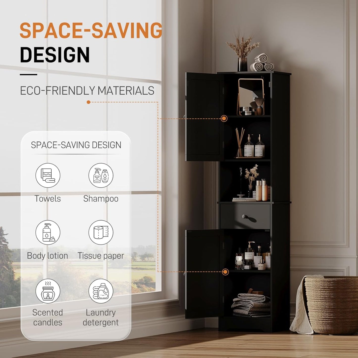 Tall Bathroom Cabinet, Storage Cabinet with 2 Doors & 2Drawer, with Ajustable Shelve, for Bathrooms, Kitchens,Entrances,Bedrooms（Black）