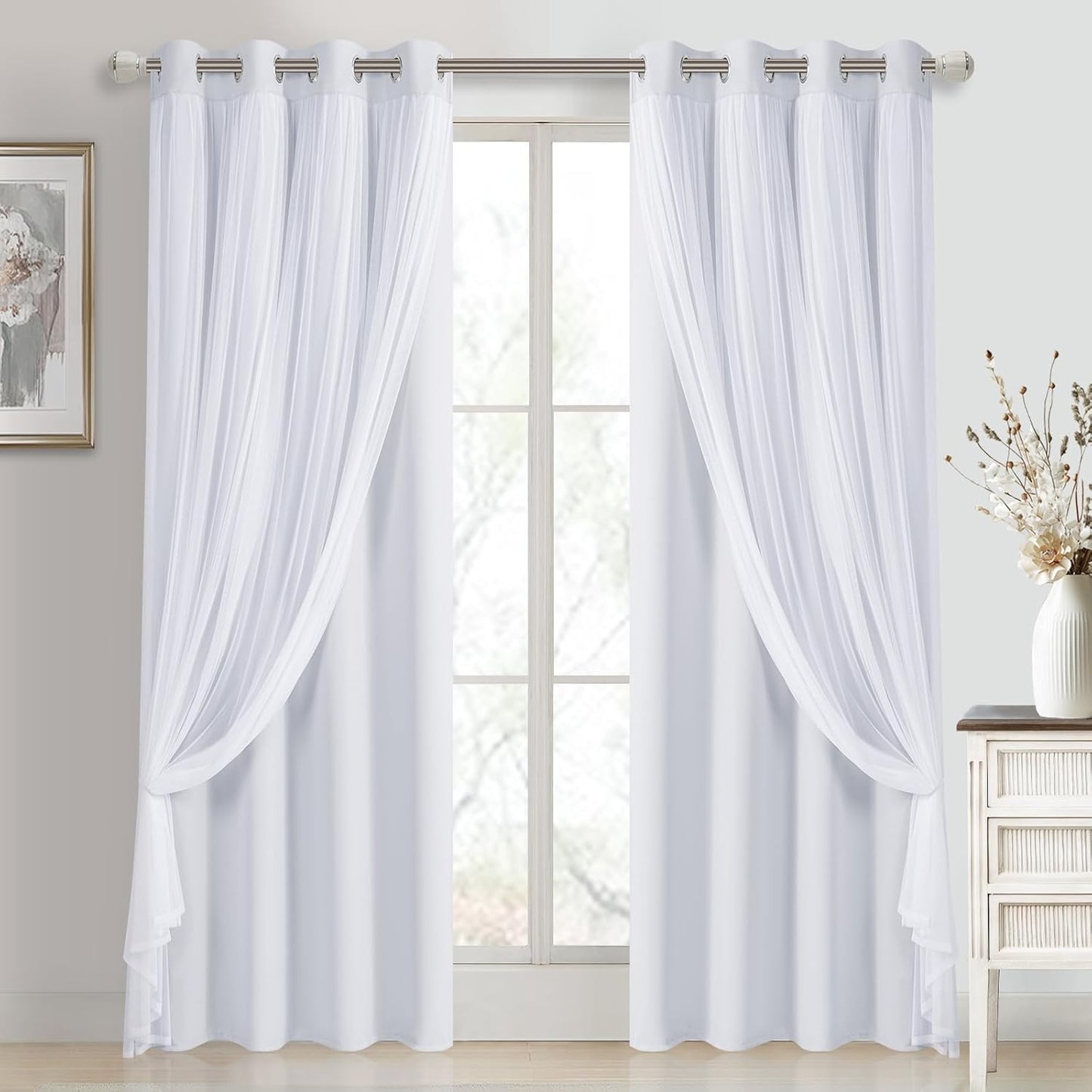 DWCN Blackout and Sheer Curtains with Tiebacks Layered Curtains for Living Room Grommet Top Window Curtain Panels with Sheer Overlay, 52 W by 84 L, Ivory, 2 Pieces