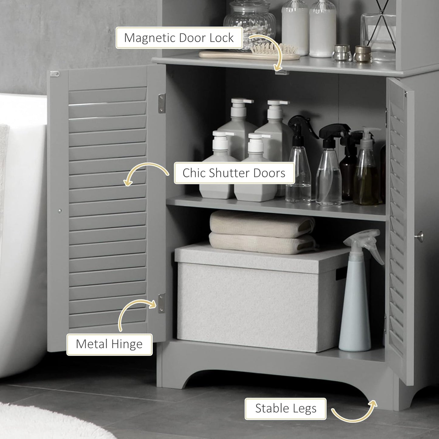 HOMCOM Tall Narrow Bathroom Storage Cabinet with Doors and Shelf Adjustability, Freestanding Linen Cabinet with 2 Cabinets and Countertop, Gray
