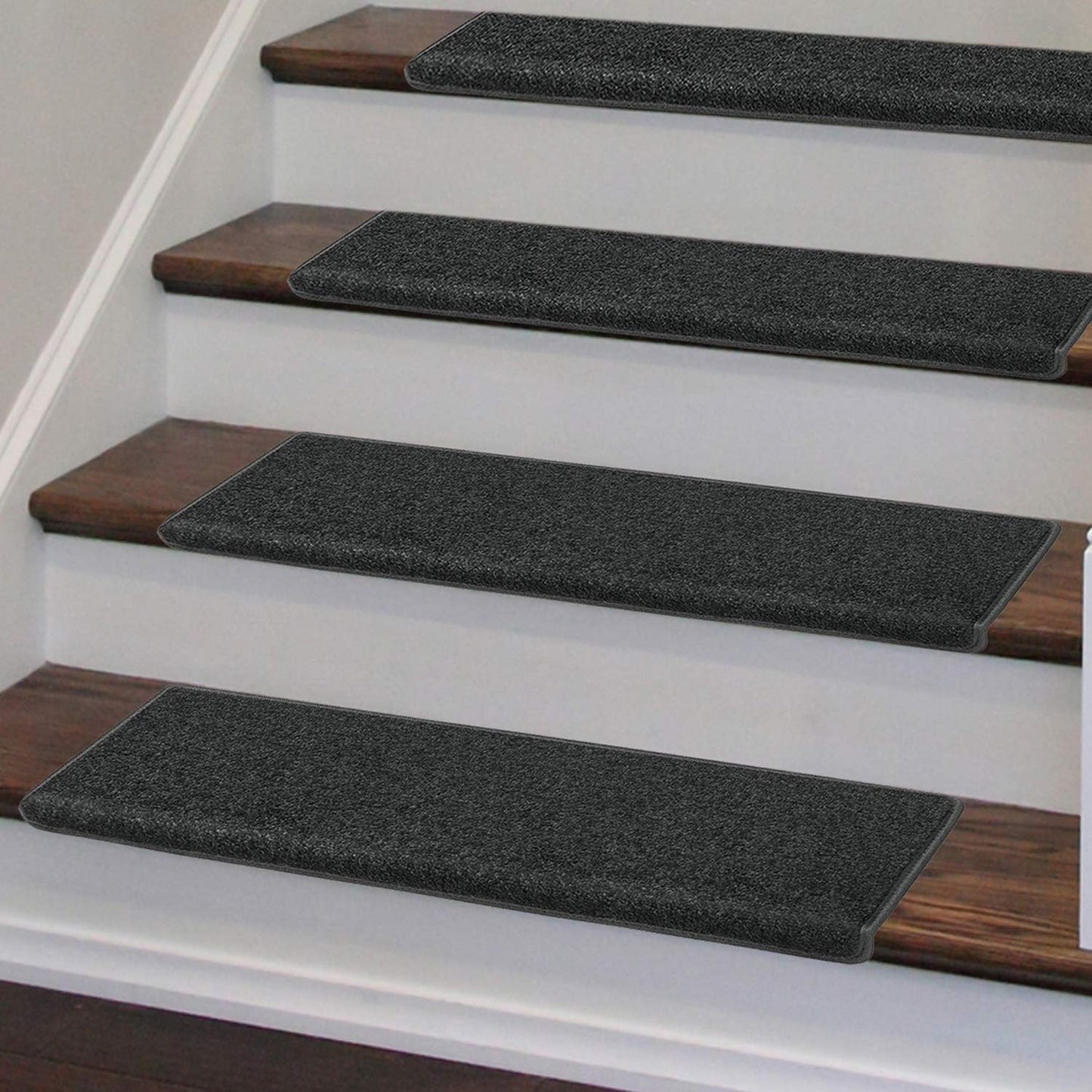 Carpet Stair Treads – Non-Slip Bullnose Carpet for Stairs – Indoor Stair Pads – Self-Adhesive – Skid Resistant & Washable – 14- Pack Black 9.5" x 30"x 1.3"