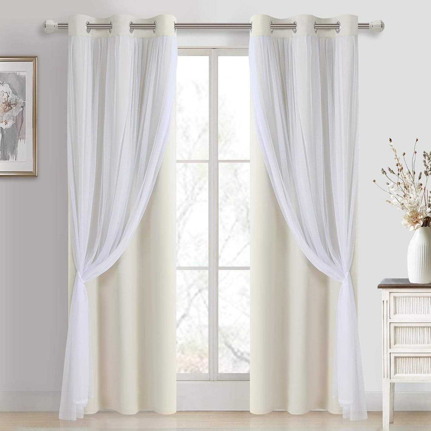 DWCN Blackout and Sheer Curtains with Tiebacks Layered Curtains for Living Room Grommet Top Window Curtain Panels with Sheer Overlay, 52 W by 84 L, Ivory, 2 Pieces