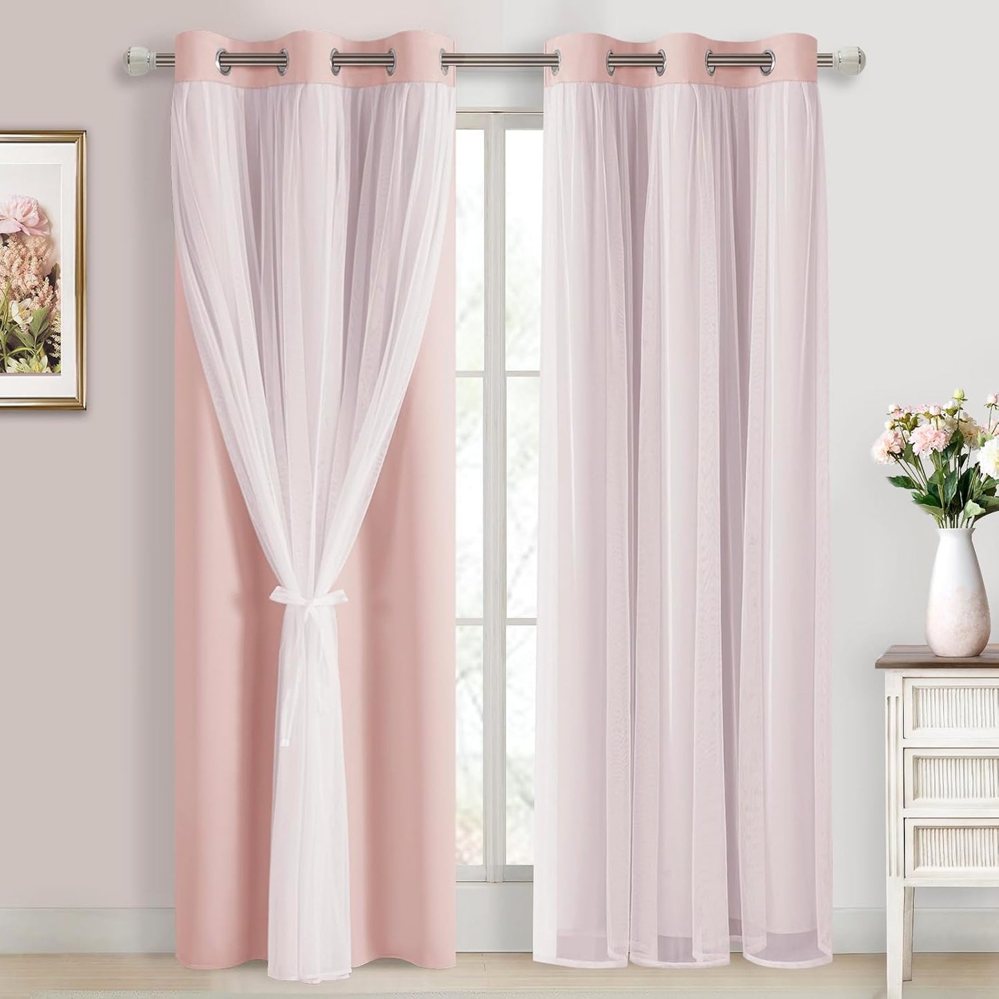 DWCN Blackout and Sheer Curtains with Tiebacks Layered Curtains for Living Room Grommet Top Window Curtain Panels with Sheer Overlay, 52 W by 84 L, Ivory, 2 Pieces