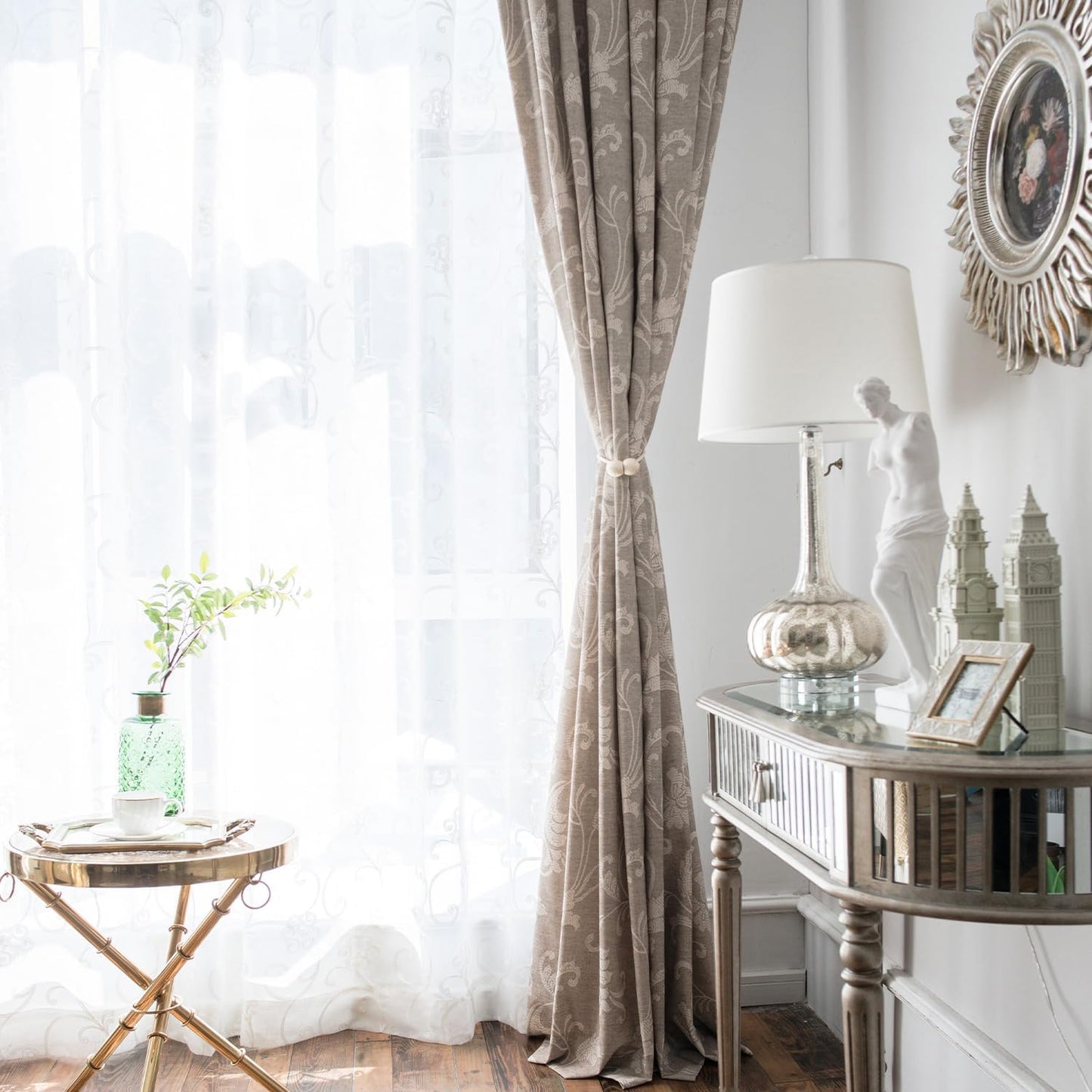 VOGOL Light Brown Leaves Printed Curtains & Drapes, 2 Panels Light Filtering Privacy Curtains for Bedroom Living Room, 52 x 84 Inches Linen Textured Window Treatment, Grommet Top