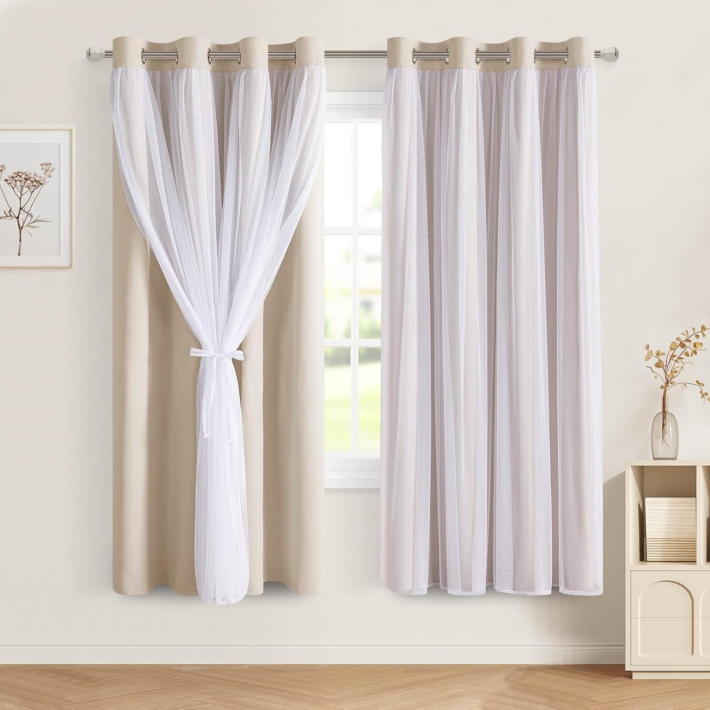 DWCN Blackout and Sheer Curtains with Tiebacks Layered Curtains for Living Room Grommet Top Window Curtain Panels with Sheer Overlay, 52 W by 84 L, Ivory, 2 Pieces