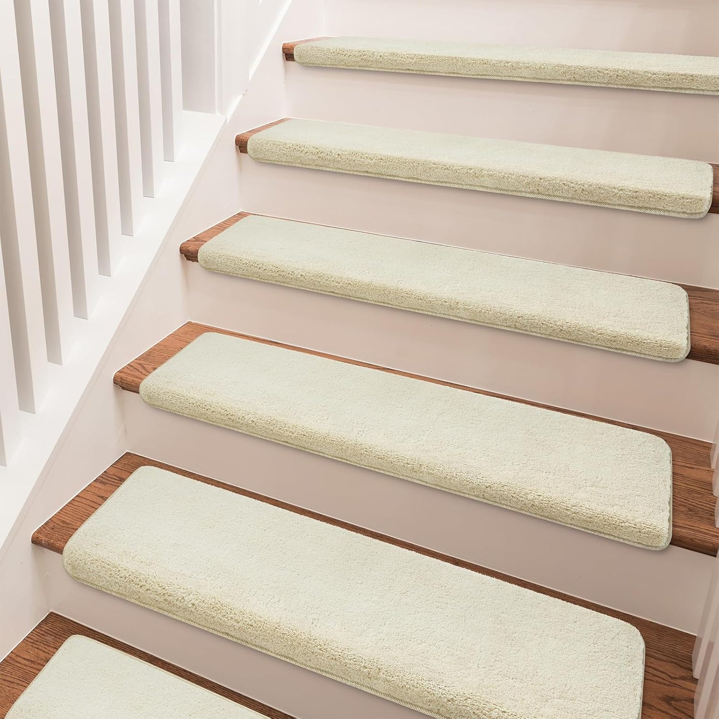 PURE ERA Carpet Stair Treads Ultra Plush 9.5" X 30"Soft Bullnose Indoor Stair Protectors Pet-Friendly Non-Slip Skid Resistant Tape Free Washable Reusable(14 Pieces, Cream Gray)